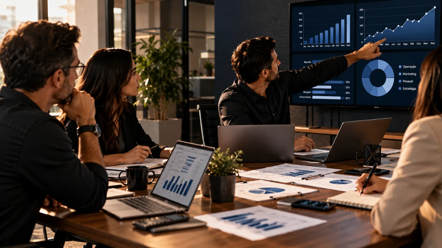 Equipe reunida analisando gráficos, indicadores e resultados de uma empresa