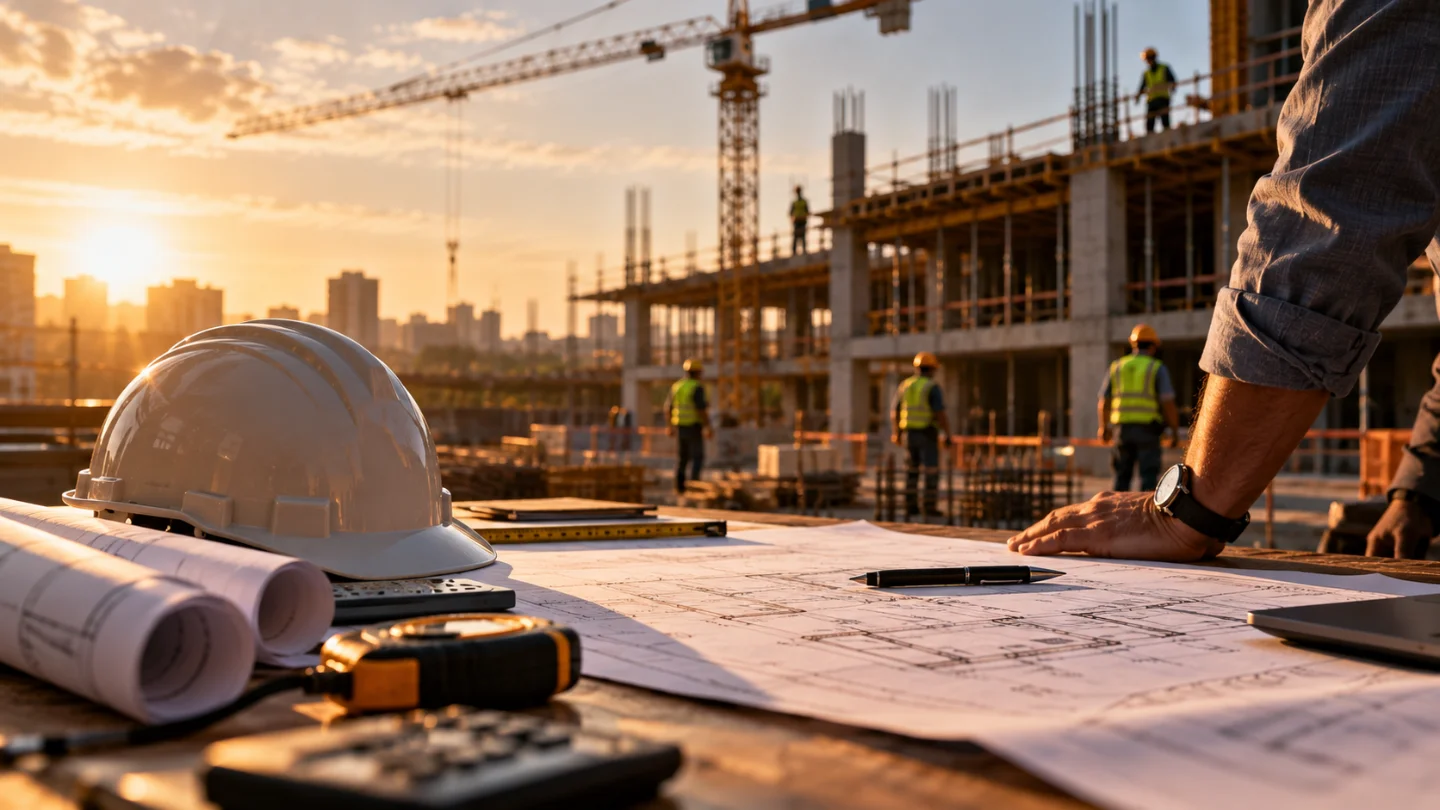 Canteiro de obras com equipe, plantas de execução e capacete de segurança