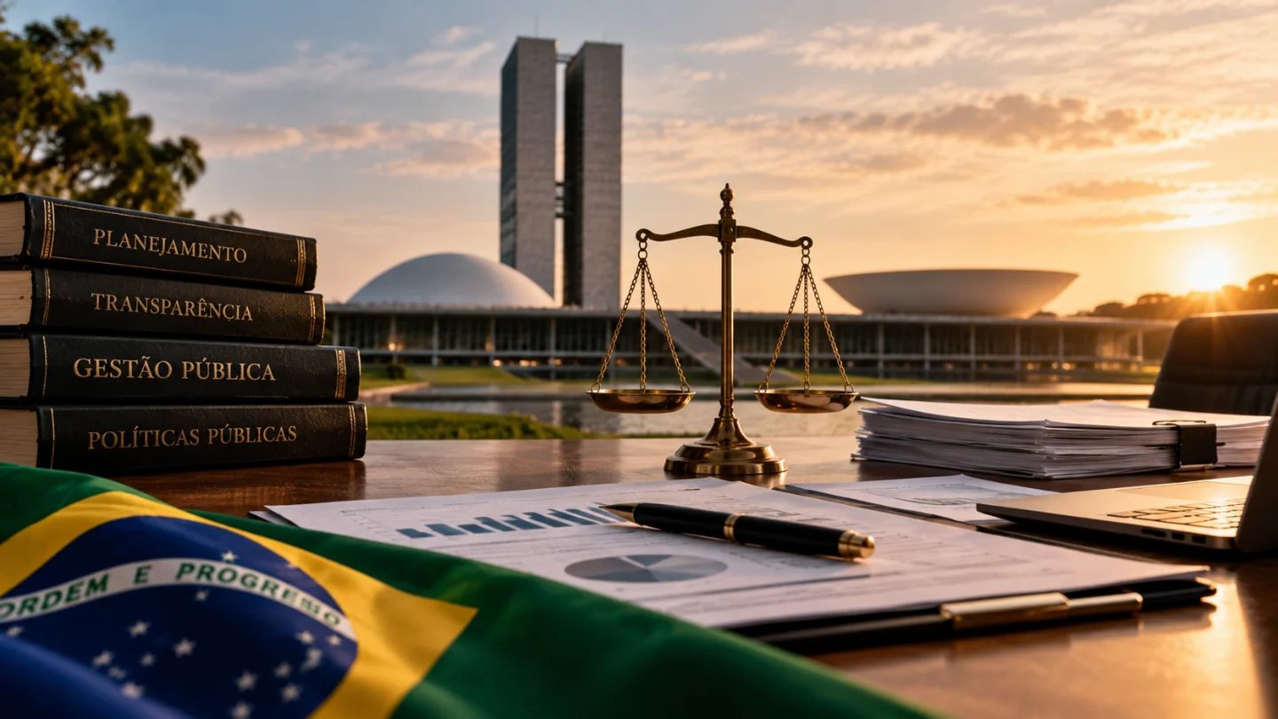 Bandeira do Brasil, documentos de planejamento e balança diante do Congresso Nacional